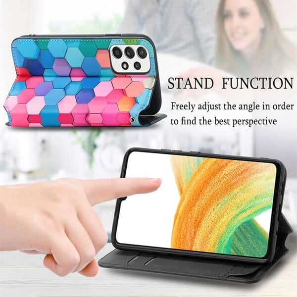 CaseNeo For Samsung Galaxy A33 5G Leather Wallet Flip Case With RFID Blocking Credit Card Holder Slots Cover - Colored Squares CaseNeo For Samsung Galaxy A33 5G Leather Wallet Flip Case With RFID Blocking Credit Card Holder Slots Cover - Colored Squares